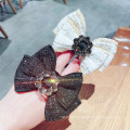 Korean Fabric Black White Bow Knot Hair Tie Rhinestone Elastic Band Ring Cute Girl Ponytail Head Rope Rubber